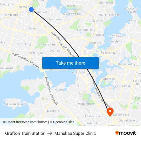 Grafton Train Station to Manukau Super Clinic map
