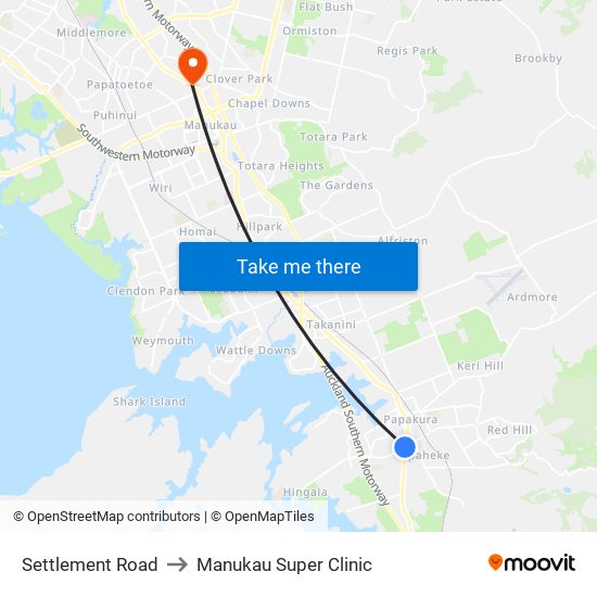 Settlement Road to Manukau Super Clinic map