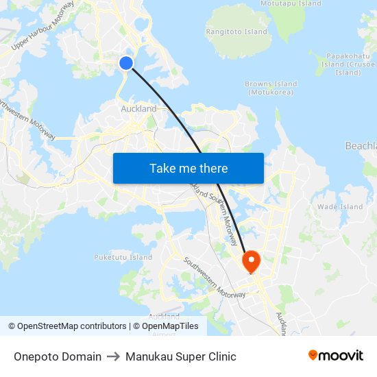 Onepoto Domain to Manukau Super Clinic map