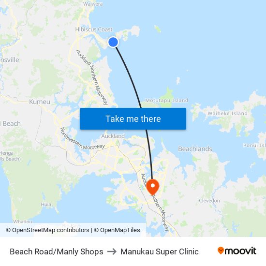 Beach Road/Manly Shops to Manukau Super Clinic map