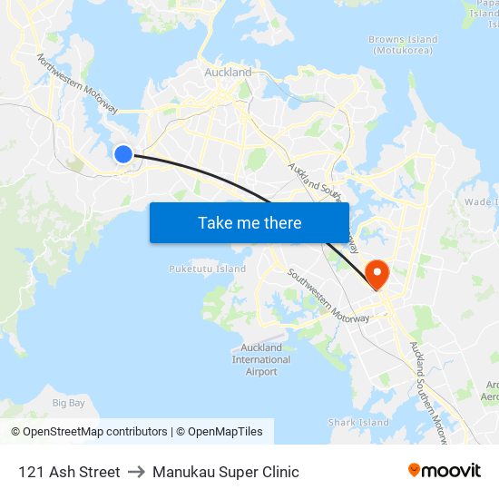 121 Ash Street to Manukau Super Clinic map