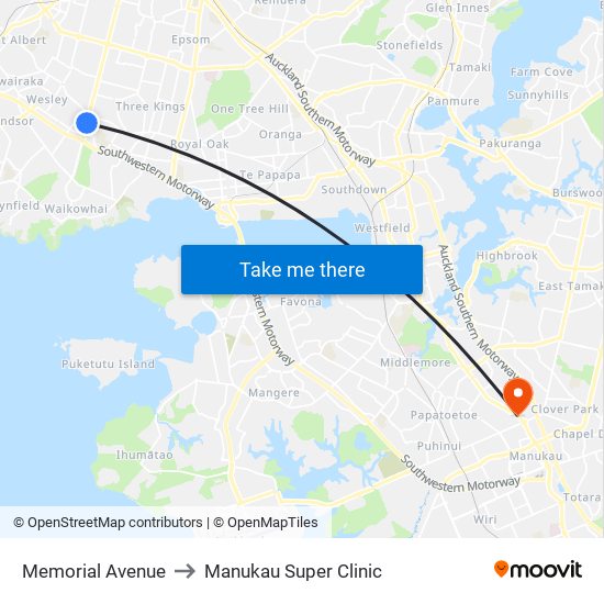 Memorial Avenue to Manukau Super Clinic map