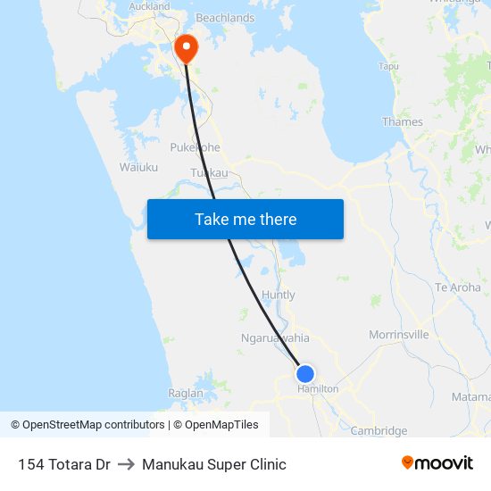 154 Totara Dr to Manukau Super Clinic map