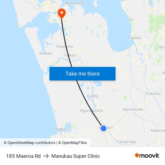 185 Maeroa Rd to Manukau Super Clinic map