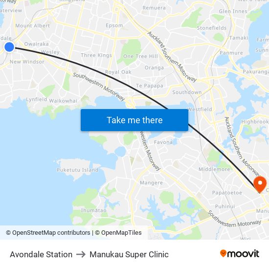 Avondale Station to Manukau Super Clinic map