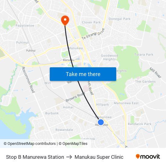 Stop B Manurewa Station to Manukau Super Clinic map