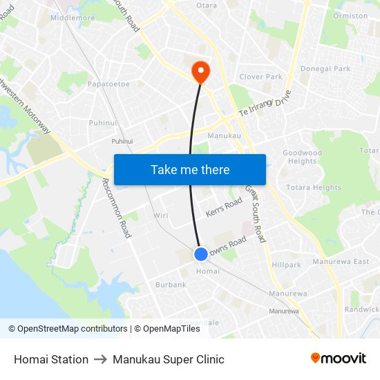 Homai Station to Manukau Super Clinic map