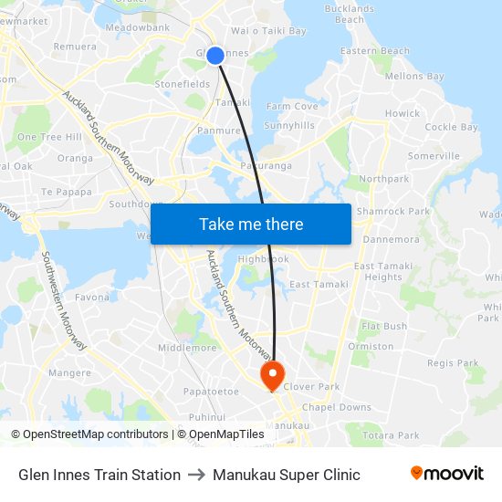 Glen Innes Train Station to Manukau Super Clinic map