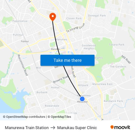 Manurewa Train Station to Manukau Super Clinic map