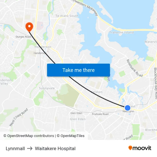 Lynnmall to Waitakere Hospital map