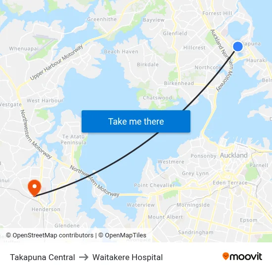 Takapuna Central to Waitakere Hospital map