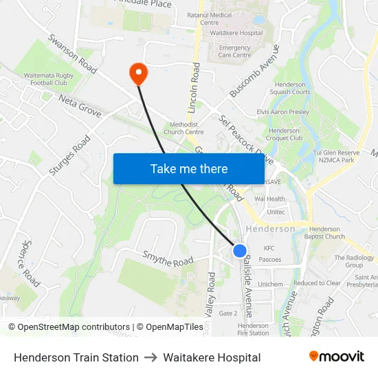 Henderson Train Station to Waitakere Hospital map