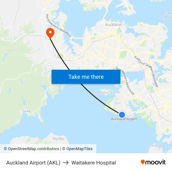 Auckland Airport (AKL) to Waitakere Hospital map