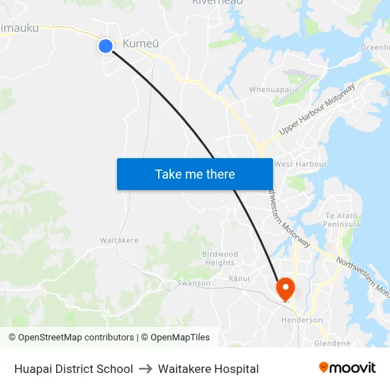 Huapai District School to Waitakere Hospital map