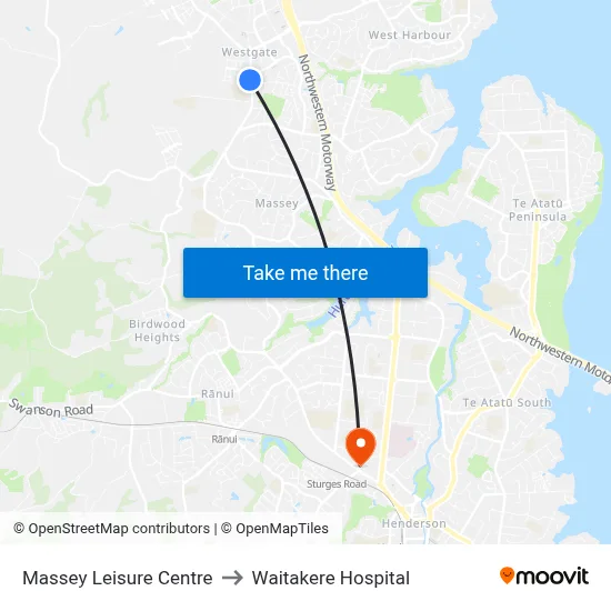 Massey Leisure Centre to Waitakere Hospital map