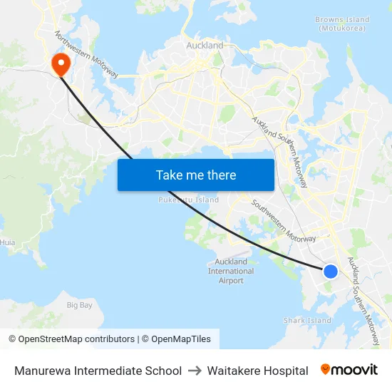 Manurewa Intermediate School to Waitakere Hospital map