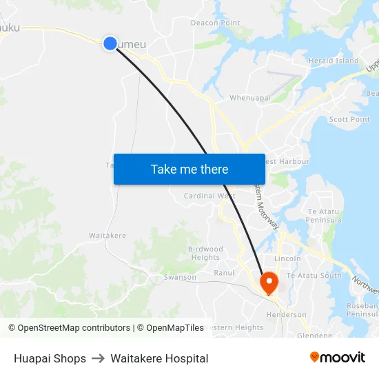 Huapai Shops to Waitakere Hospital map