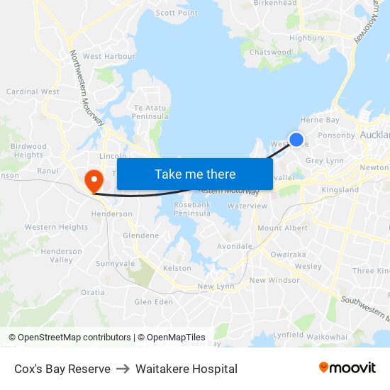 Cox's Bay Reserve to Waitakere Hospital map