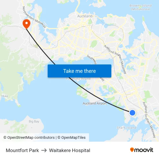Mountfort Park to Waitakere Hospital map