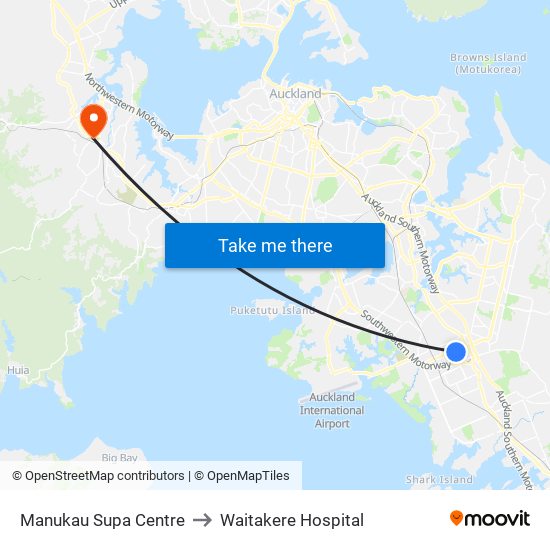 Manukau Supa Centre to Waitakere Hospital map