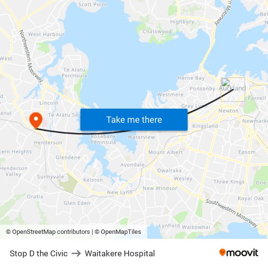 Stop D the Civic to Waitakere Hospital map