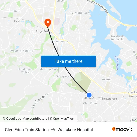Glen Eden Train Station to Waitakere Hospital map