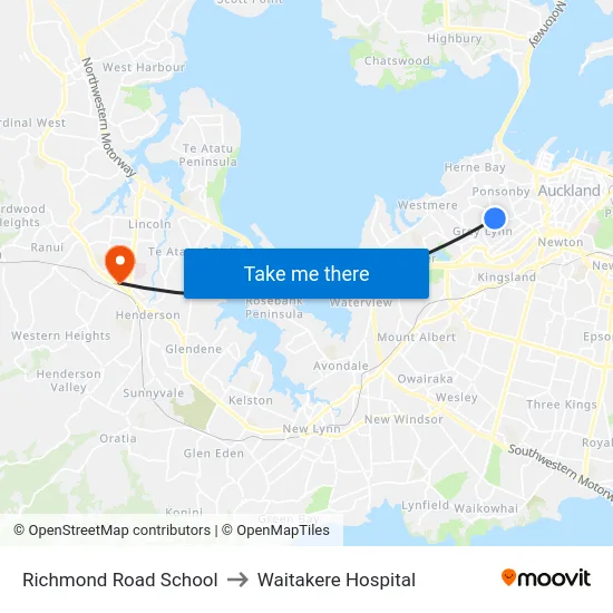 Richmond Road School to Waitakere Hospital map