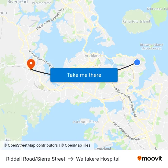 Riddell Road/Sierra Street to Waitakere Hospital map