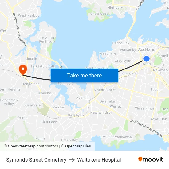 Symonds Street Cemetery to Waitakere Hospital map