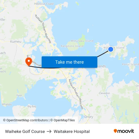 Waiheke Golf Course to Waitakere Hospital map