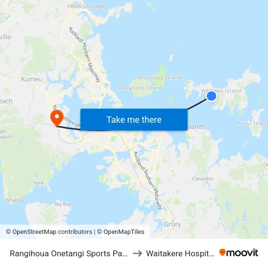 Rangihoua Onetangi Sports Park to Waitakere Hospital map