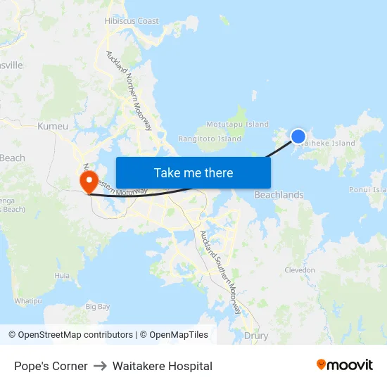 Pope's Corner to Waitakere Hospital map
