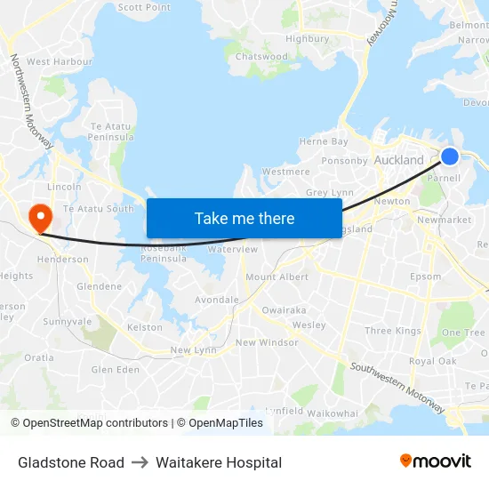 Gladstone Road to Waitakere Hospital map