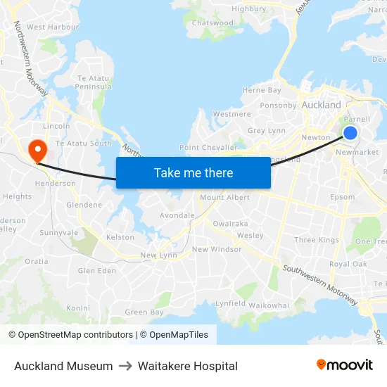 Auckland Museum to Waitakere Hospital map