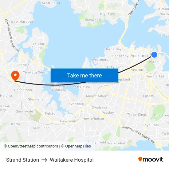 Strand Station to Waitakere Hospital map