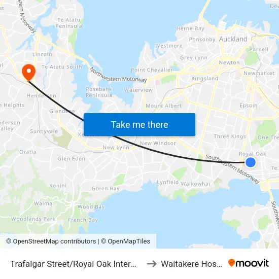 Trafalgar Street/Royal Oak Intermediate to Waitakere Hospital map
