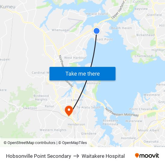 Hobsonville Point Secondary to Waitakere Hospital map