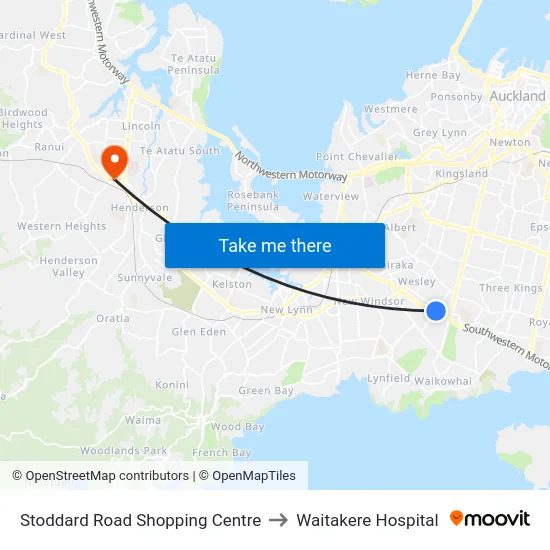 Stoddard Road Shopping Centre to Waitakere Hospital map