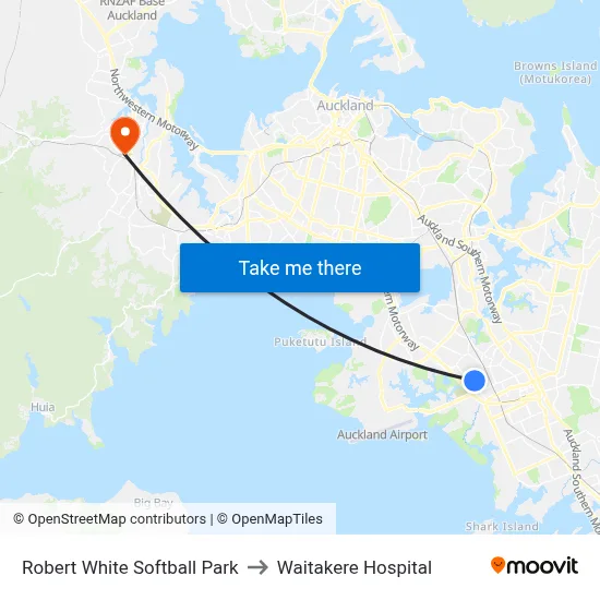 Robert White Softball Park to Waitakere Hospital map