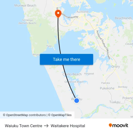Waiuku Town Centre to Waitakere Hospital map