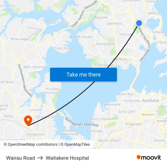 Wairau Road to Waitakere Hospital map