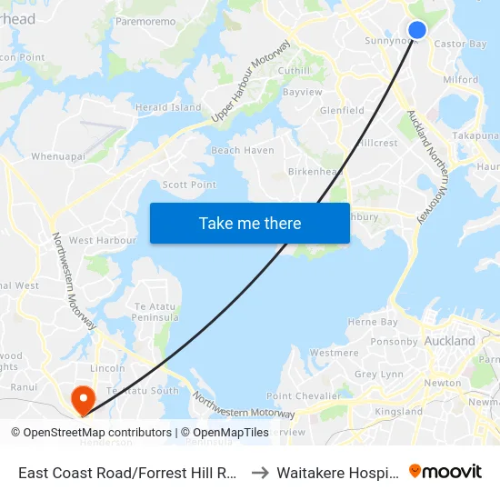 East Coast Road/Forrest Hill Road to Waitakere Hospital map