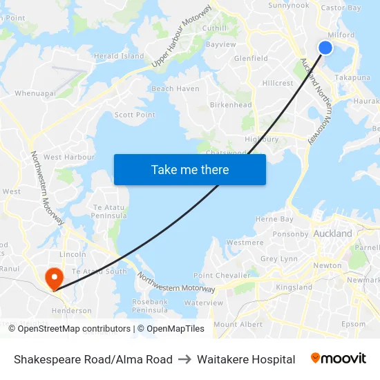 Shakespeare Road/Alma Road to Waitakere Hospital map