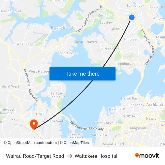 Wairau Road/Target Road to Waitakere Hospital map