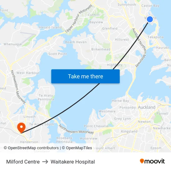 Milford Centre to Waitakere Hospital map