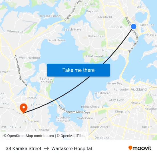 38 Karaka Street to Waitakere Hospital map