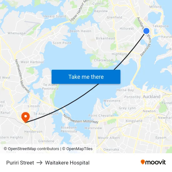 Puriri Street to Waitakere Hospital map