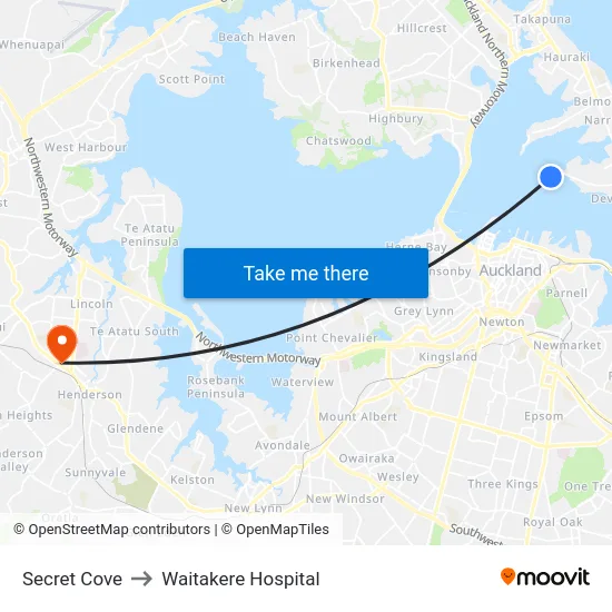 Secret Cove to Waitakere Hospital map