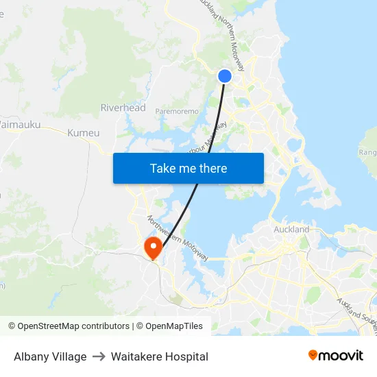 Albany Village to Waitakere Hospital map