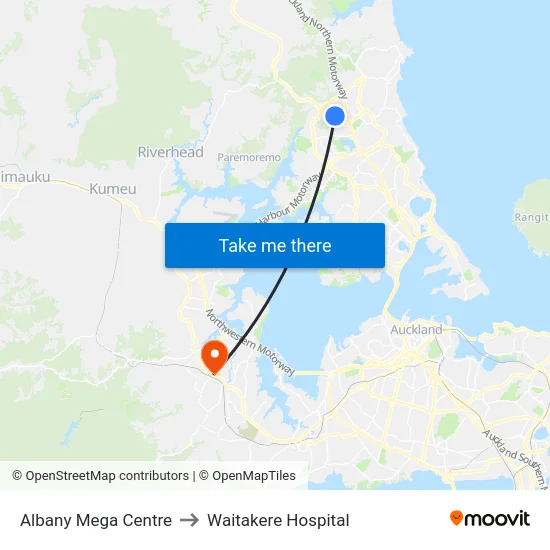 Albany Mega Centre to Waitakere Hospital map